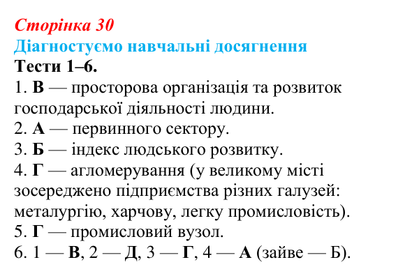Відповіді до тестів 1–6 «Діагностуємо навчальні досягнення» (с. 30) з географії для 9 класу (Безуглий, 2026): Форми...