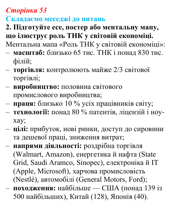 Відповідь до завдання 2 «Складаємо меседжі до питань» § 7 (с. 53) з географії для 9 класу (Безуглий, 2026)