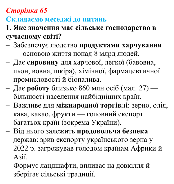 Відповідь до завдання 1 «Складаємо меседжі до питань» § 8 (с. 65) з географії для 9 класу (Безуглий, 2026): Сільське...