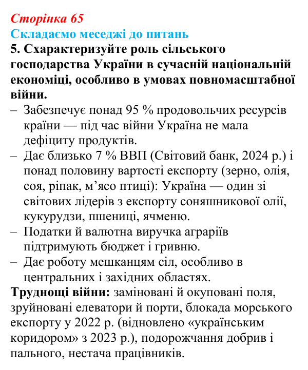 Відповідь до завдання 5 «Складаємо меседжі до питань» § 8 (с. 65) з географії для 9 класу (Безуглий, 2026): Сільське...
