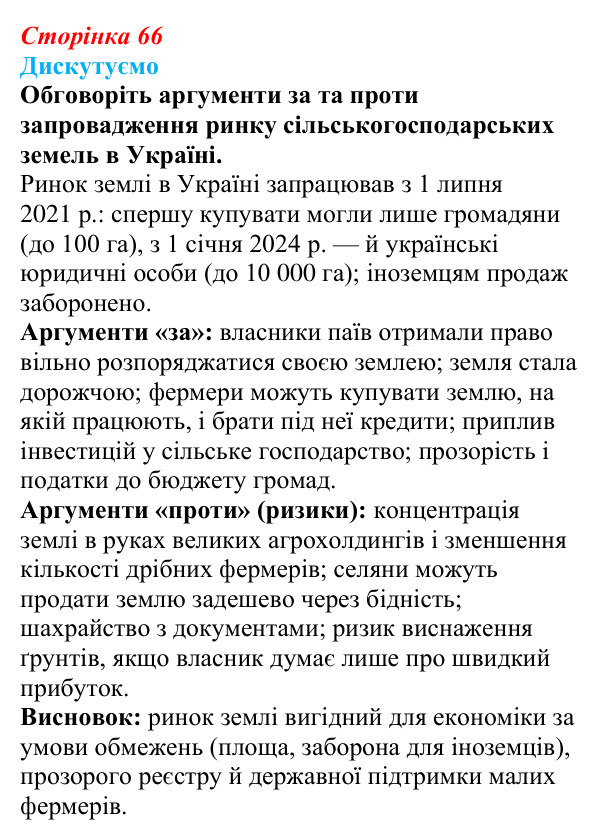 Відповідь до завдання «Дискутуємо» § 8 (с. 66) з географії для 9 класу (Безуглий, 2026): Сільське господарство...