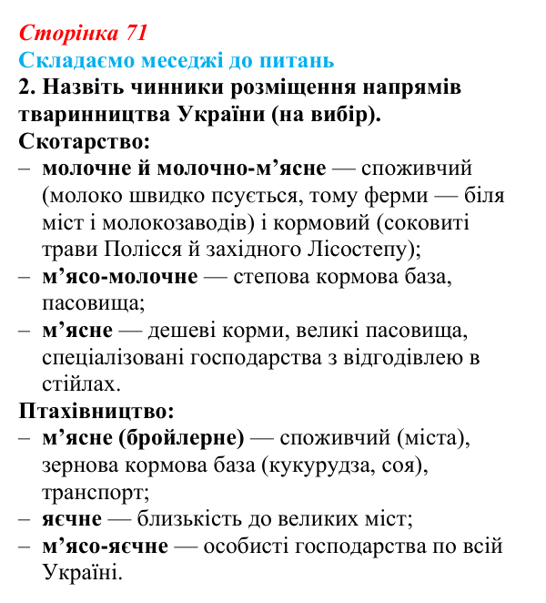 Відповідь до завдання 2 «Складаємо меседжі до питань» § 9 (с. 71) з географії для 9 класу (Безуглий, 2026): Тваринництво...