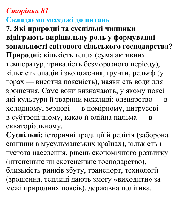 Відповідь до завдання 7 «Складаємо меседжі до питань» § 10 (с. 81) з географії для 9 класу (Безуглий, 2026): Сільське...