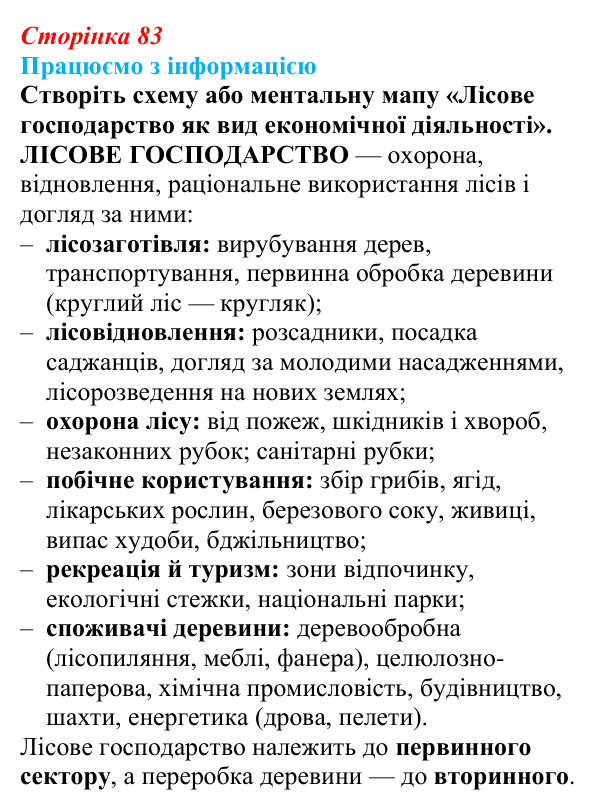 Відповідь до завдання «Працюємо з інформацією» § 11 (с. 83) з географії для 9 класу (Безуглий, 2026): Лісове господарство...