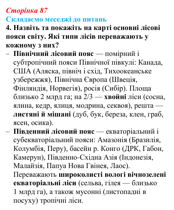 Відповідь до завдання 4 «Складаємо меседжі до питань» § 11 (с. 87) з географії для 9 класу (Безуглий, 2026): Лісове...