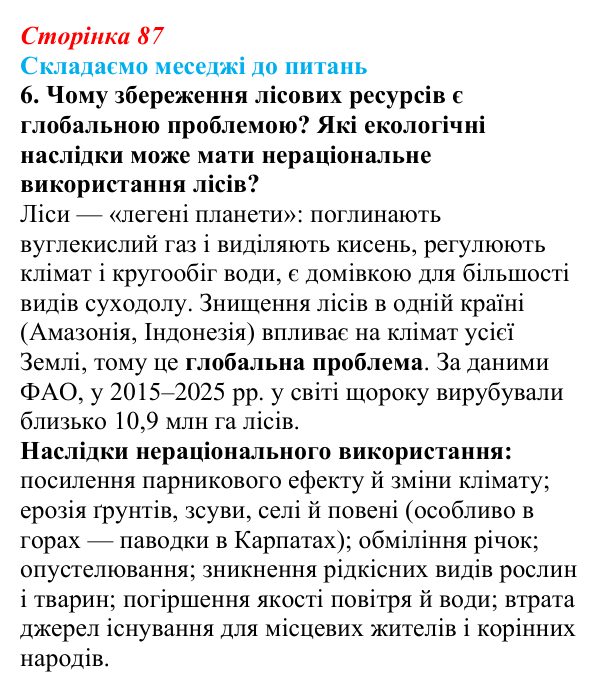 Відповідь до завдання 6 «Складаємо меседжі до питань» § 11 (с. 87) з географії для 9 класу (Безуглий, 2026): Лісове...