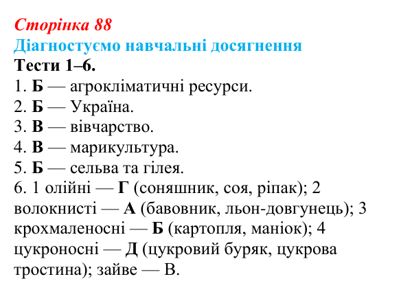 Відповіді до тестів 1–6 «Діагностуємо навчальні досягнення» (с. 88) з географії для 9 класу (Безуглий, 2026): Лісове...