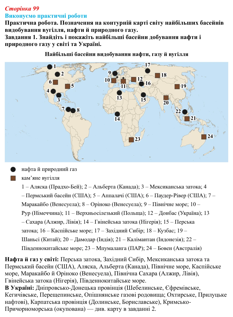Відповідь до завдання 1 практичної роботи 4 § 12 (с. 99) з географії для 9 класу (Безуглий, 2026): Мінеральні ресурси...