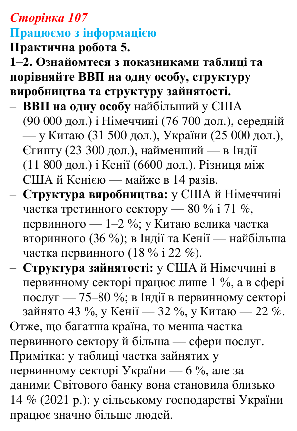 Відповідь до завдання 1–2 практичної роботи 5 § 15 (с. 107) з географії для 9 класу (Довгань, 2026): Типізація країн...