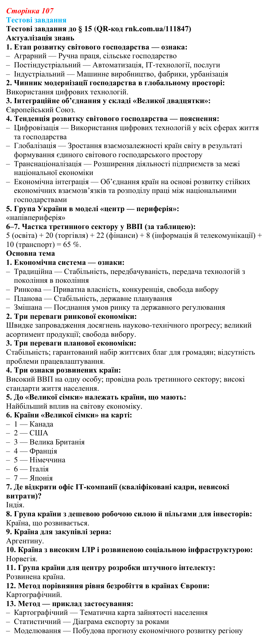 Відповіді тестових завдань за QR-кодом § 15 (с. 107) з географії для 9 класу (Довгань, 2026): Типізація країн за рівнем...