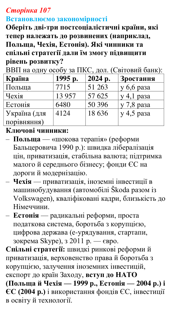 Відповідь до завдання «Встановлюємо закономірності» § 15 (с. 107) з географії для 9 класу (Довгань, 2026): Типізація країн...