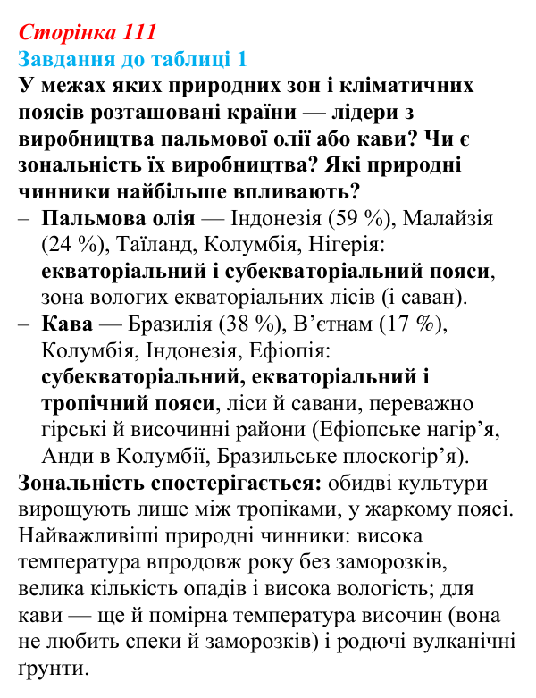 Відповідь до завдання до табл. 1 § 16 (с. 111) з географії для 9 класу (Довгань, 2026): Сільське господарство як вид...