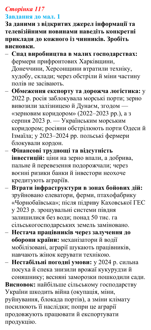 Відповідь до завдання до мал. 1 § 17 (с. 117) з географії для 9 класу (Довгань, 2026): Сільське господарство України