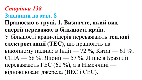 Відповідь до завдання 1 до мал. 8 § 20 (с. 138) з географії для 9 класу (Довгань, 2026): Електроенергетика