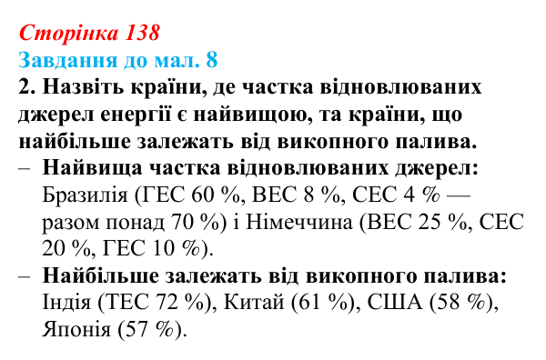 Відповідь до завдання 2 до мал. 8 § 20 (с. 138) з географії для 9 класу (Довгань, 2026): Електроенергетика