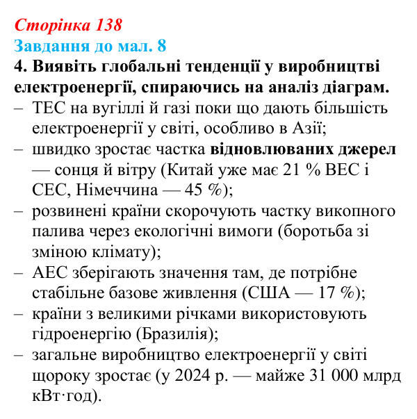 Відповідь до завдання 4 до мал. 8 § 20 (с. 138) з географії для 9 класу (Довгань, 2026): Електроенергетика