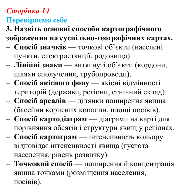 Відповідь до завдання 3 «Перевіряємо себе» § 2 (с. 14) з географії для 9 класу (Довгань, 2026): Карти суспільних явищ...