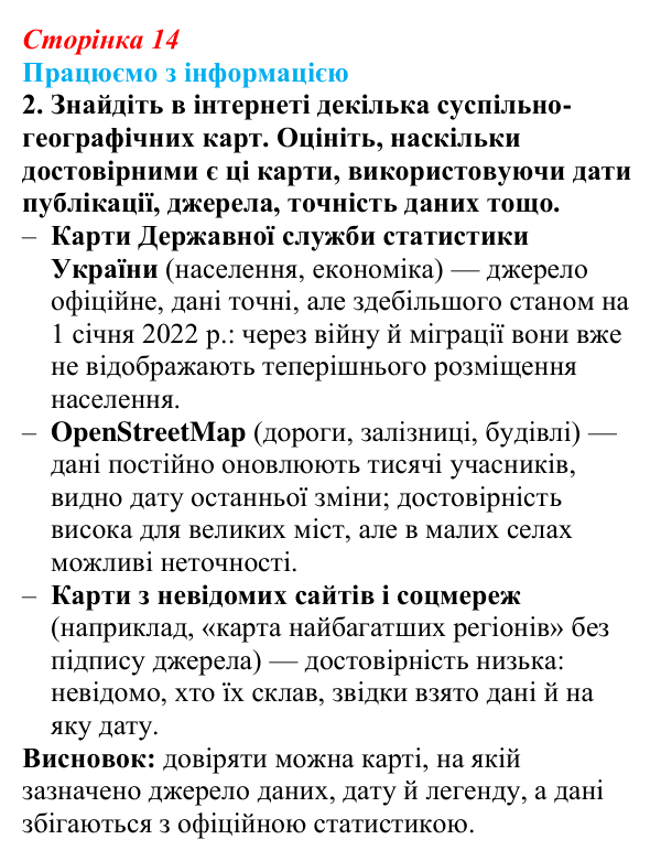 Відповідь до завдання 2 «Працюємо з інформацією» § 2 (с. 14) з географії для 9 класу (Довгань, 2026): Карти суспільних...