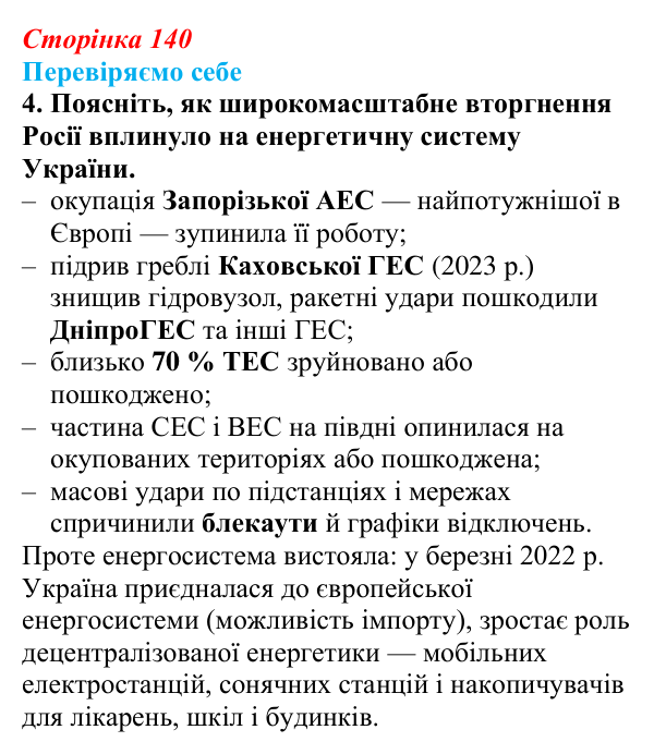 Відповідь до завдання 4 «Перевіряємо себе» § 20 (с. 140) з географії для 9 класу (Довгань, 2026): Електроенергетика