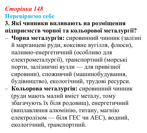 Відповідь до завдання 3 «Перевіряємо себе» § 21 (с. 148) з географії для 9 класу (Довгань, 2026): Металургійне виробництво