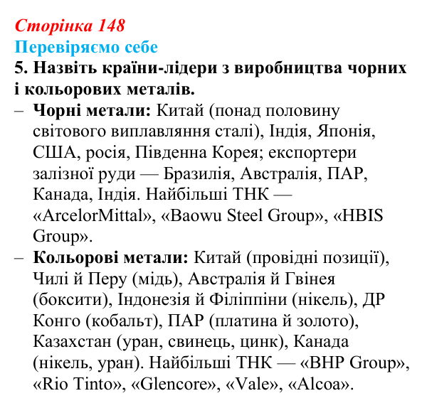 Відповідь до завдання 5 «Перевіряємо себе» § 21 (с. 148) з географії для 9 класу (Довгань, 2026): Металургійне виробництво