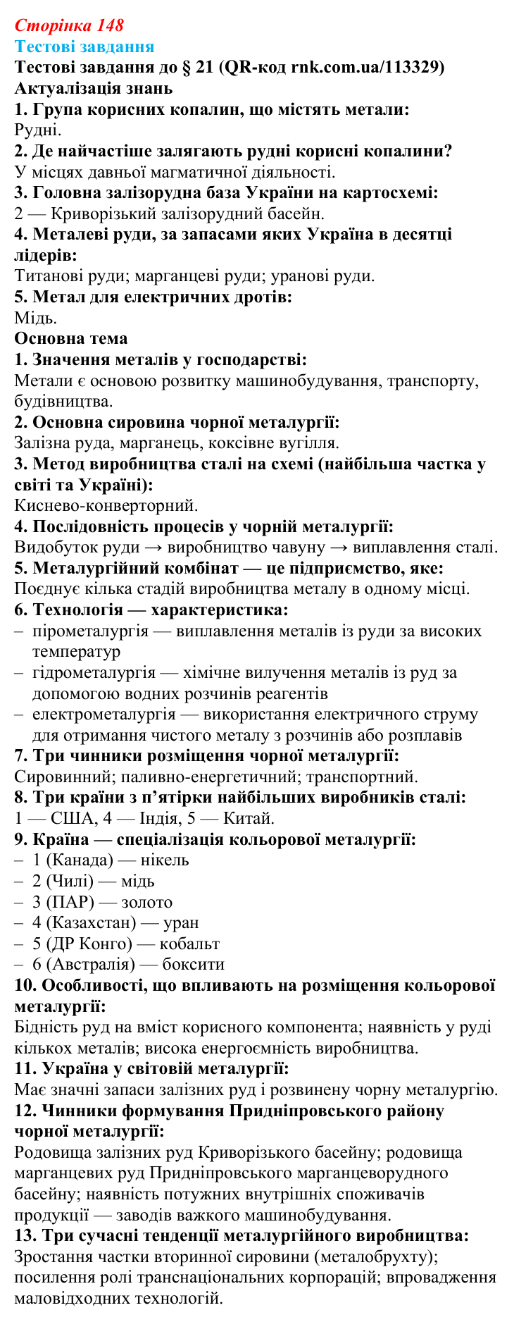 Відповіді тестових завдань за QR-кодом § 21 (с. 148) з географії для 9 класу (Довгань, 2026): Металургійне виробництво