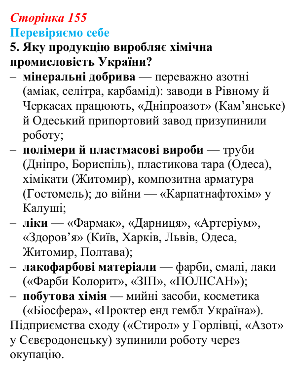 Відповідь до завдання 5 «Перевіряємо себе» § 22 (с. 155) з географії для 9 класу (Довгань, 2026): Хімічне виробництво
