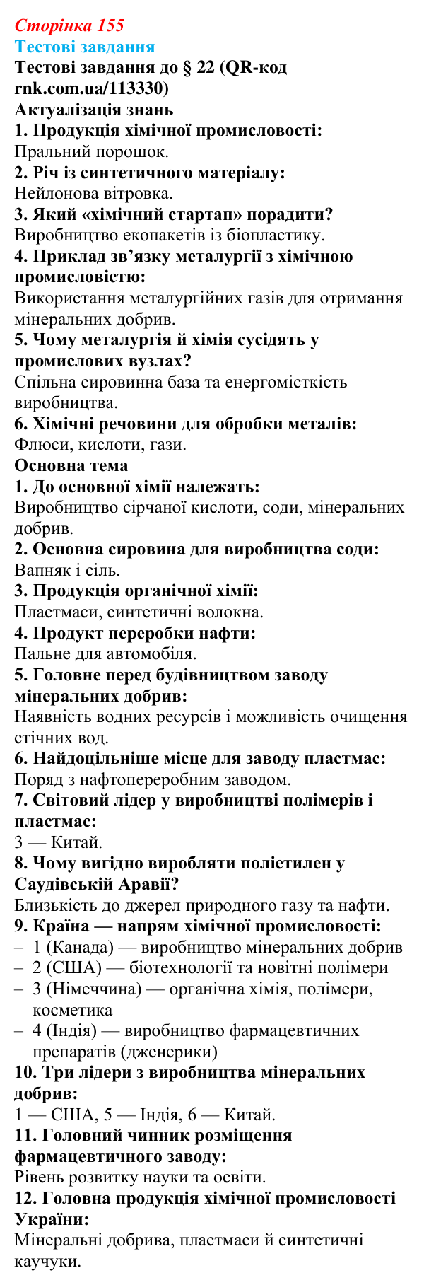Відповіді тестових завдань за QR-кодом § 22 (с. 155) з географії для 9 класу (Довгань, 2026): Хімічне виробництво