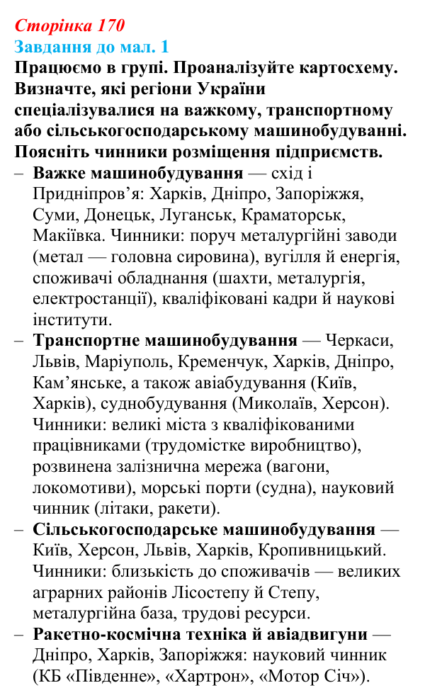 Відповідь до завдання до мал. 1 § 25 (с. 170) з географії для 9 класу (Довгань, 2026): Машинобудування України в умовах...