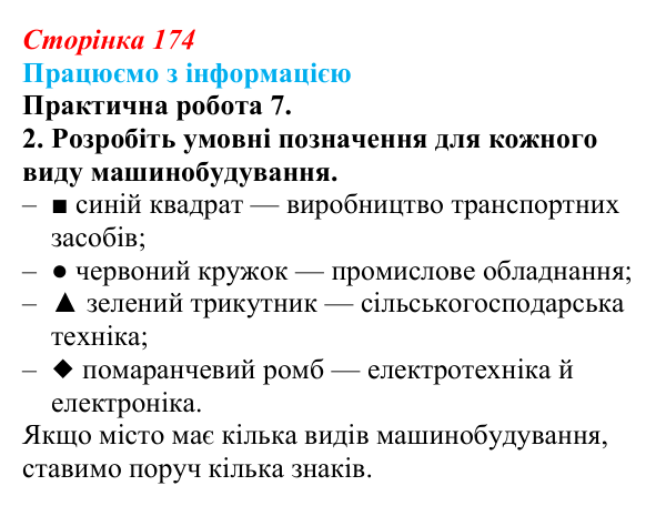 Відповідь до завдання 2 практичної роботи 7 § 25 (с. 174) з географії для 9 класу (Довгань, 2026): Машинобудування України...