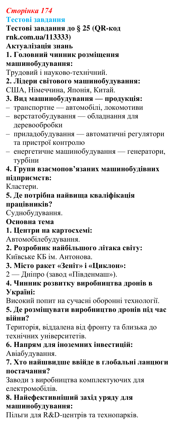Відповіді тестових завдань за QR-кодом § 25 (с. 174) з географії для 9 класу (Довгань, 2026): Машинобудування України...