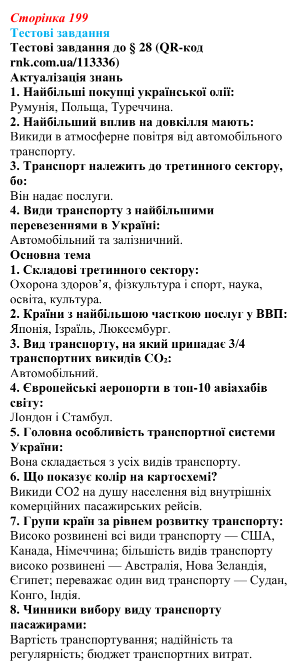 Відповіді тестових завдань за QR-кодом § 28 (с. 199) з географії для 9 класу (Довгань, 2026): Третинний сектор економіки...