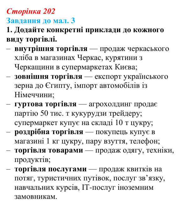 Відповідь до завдання 1 до мал. 3 § 29 (с. 202) з географії для 9 класу (Довгань, 2026): Торгівля