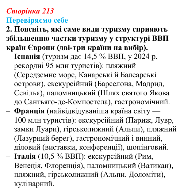 Відповідь до завдання 2 «Перевіряємо себе» § 30 (с. 213) з географії для 9 класу (Довгань, 2026): Туризм