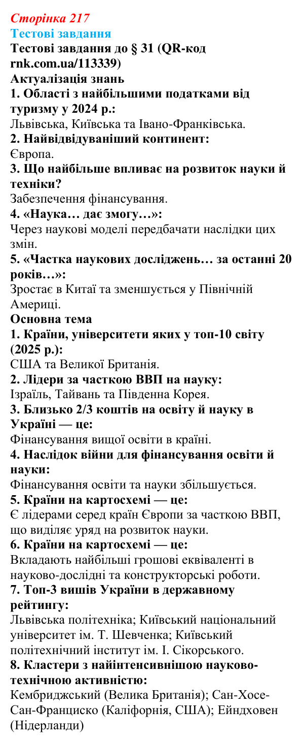 Відповіді тестових завдань за QR-кодом § 31 (с. 217) з географії для 9 класу (Довгань, 2026): Наука