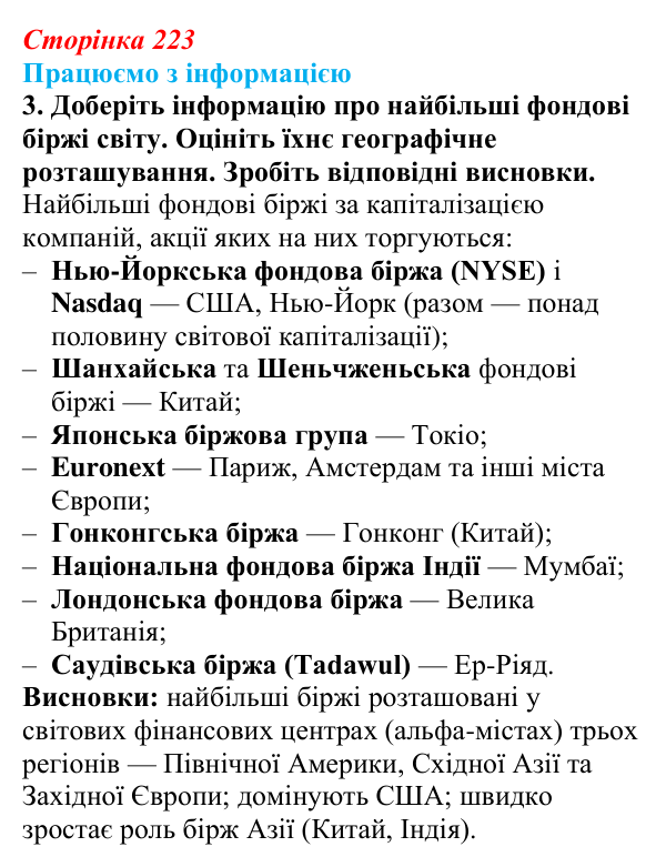 Відповідь до завдання 3 «Працюємо з інформацією» § 32 (с. 223) з географії для 9 класу (Довгань, 2026): Фінансові послуги