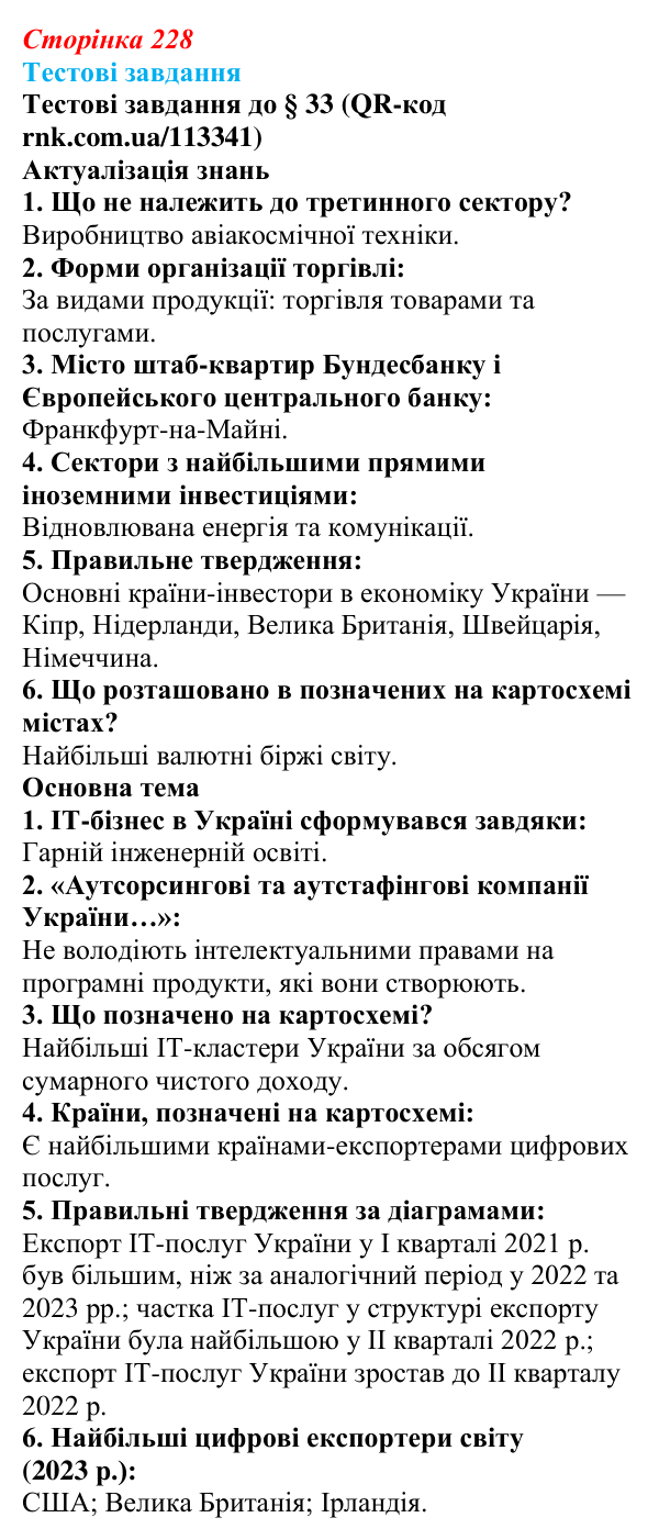 Відповіді тестових завдань за QR-кодом § 33 (с. 228) з географії для 9 класу (Довгань, 2026): Комп’ютерне програмування