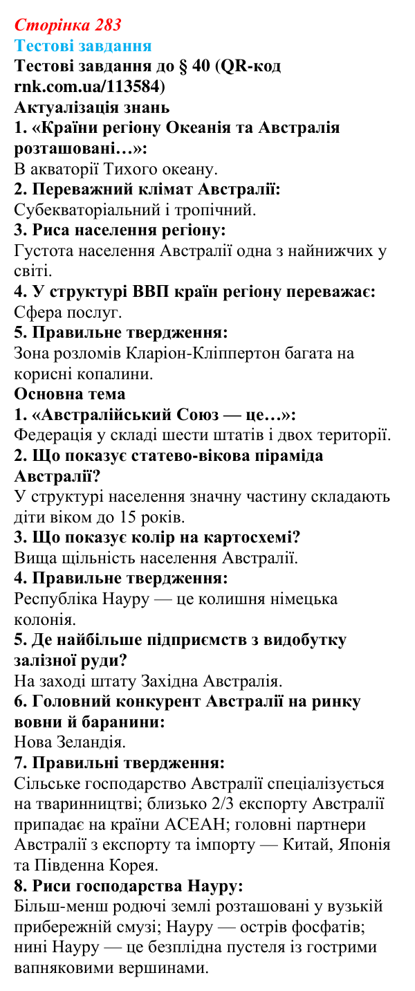 Відповіді тестових завдань за QR-кодом § 40 (с. 283) з географії для 9 класу (Довгань, 2026): Країни регіону Океанія...