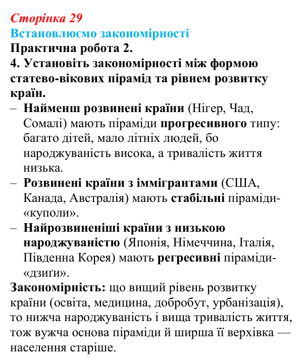 Відповідь до завдання 4 практичної роботи 2 § 4 (с. 29) з географії для 9 класу (Довгань, 2026): Статево-віковий склад...