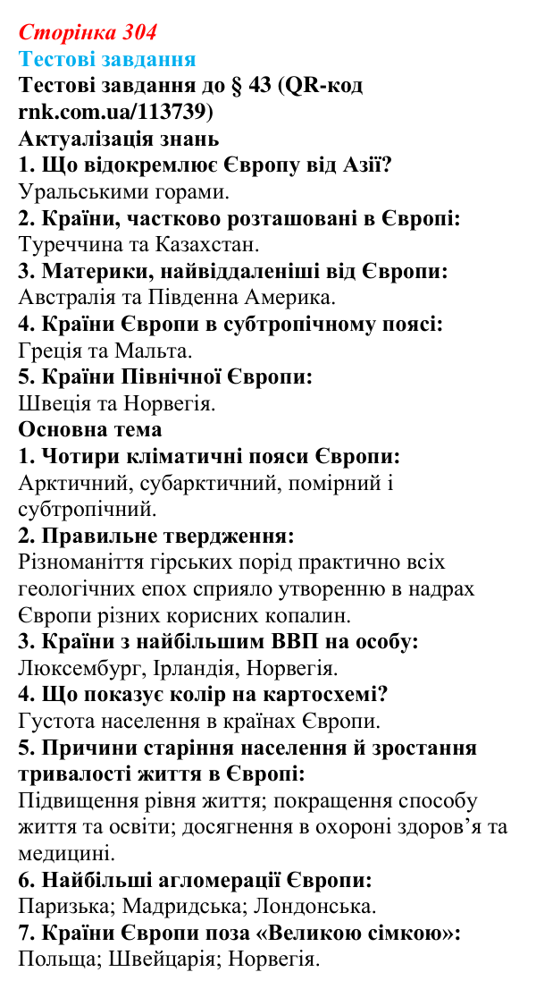 Відповіді тестових завдань за QR-кодом § 43 (с. 304) з географії для 9 класу (Довгань, 2026): Загальна характеристика Європи