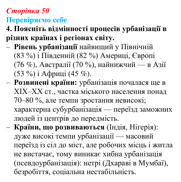 Відповідь до завдання 4 «Перевіряємо себе» § 7 (с. 50) з географії для 9 класу (Довгань, 2026): Функції міст. Урбанізація