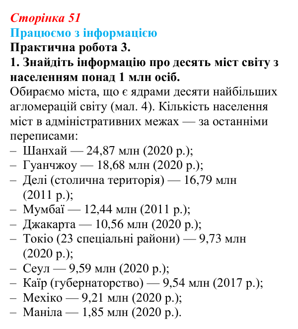 Відповідь до завдання 1 практичної роботи 3 § 7 (с. 51) з географії для 9 класу (Довгань, 2026): Функції міст. Урбанізація