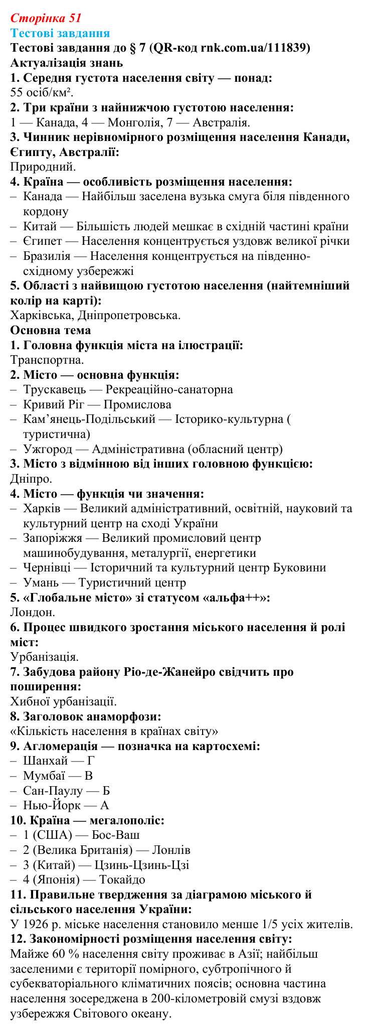 Відповіді тестових завдань за QR-кодом § 7 (с. 51) з географії для 9 класу (Довгань, 2026): Функції міст. Урбанізація