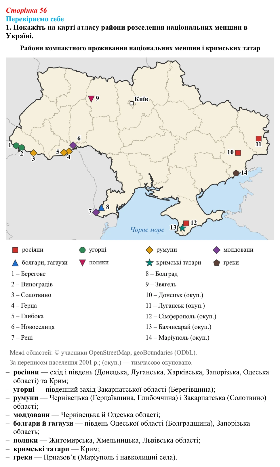 Відповідь до завдання 1 «Перевіряємо себе» § 8 (с. 56) з географії для 9 класу (Довгань, 2026): Розселення народів...