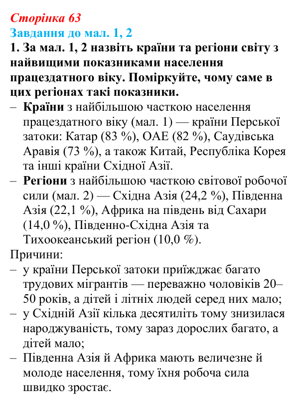Відповідь до завдання 1 до мал. 1, 2 § 10 (с. 63) з географії для 9 класу (Довгань, 2026): Трудові ресурси світу та України