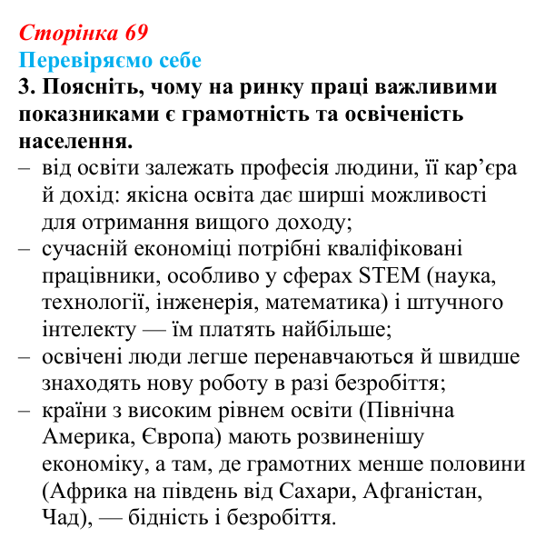 Відповідь до завдання 3 «Перевіряємо себе» § 10 (с. 69) з географії для 9 класу (Довгань, 2026): Трудові ресурси світу...