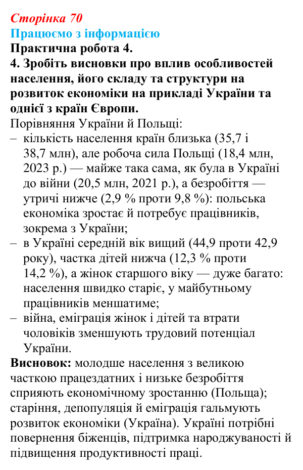 Відповідь до завдання 4 практичної роботи 4 § 10 (с. 70) з географії для 9 класу (Довгань, 2026): Трудові ресурси світу...