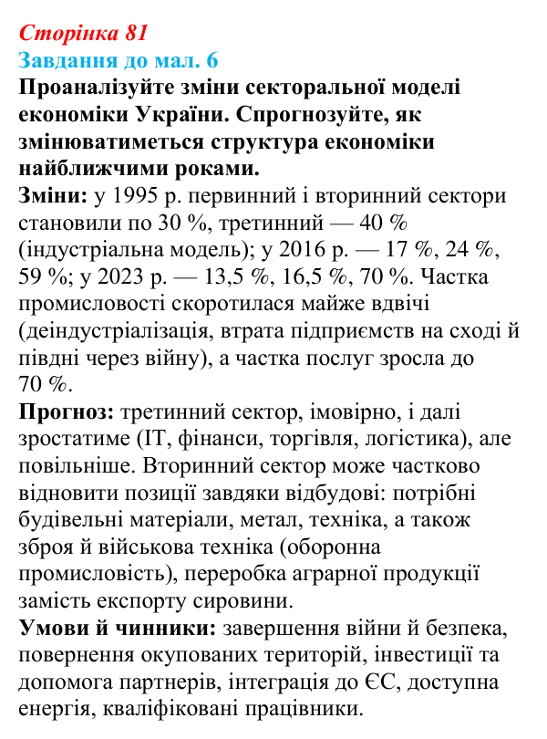 Відповідь до завдання до мал. 6 § 11 (с. 81) з географії для 9 класу (Довгань, 2026): Види економічної діяльності...