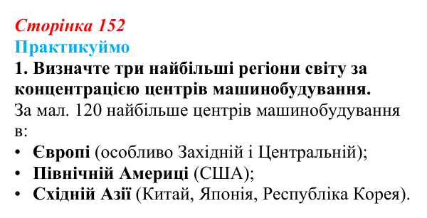 Відповідь до завдання 1 до мал. 120 «Практикуймо» § 22 (с. 152) з географії для 9 класу (Запотоцький, 2026): Виробництво...
