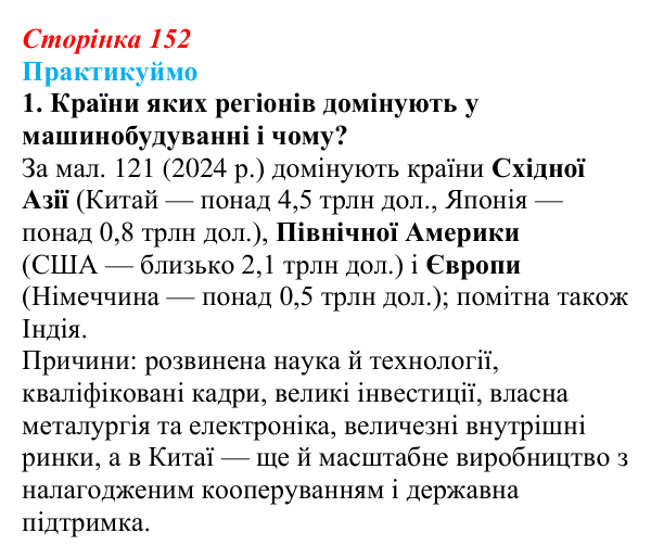 Відповідь до завдання 6 до мал. 121 «Практикуймо» § 22 (с. 152) з географії для 9 класу (Запотоцький, 2026): Виробництво...